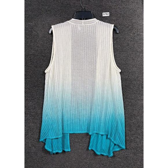 Chico's Open Front Vest Cardigan Sweater Womens Sz XL Open Knit Ombre White Blue - Picture 2 of 9